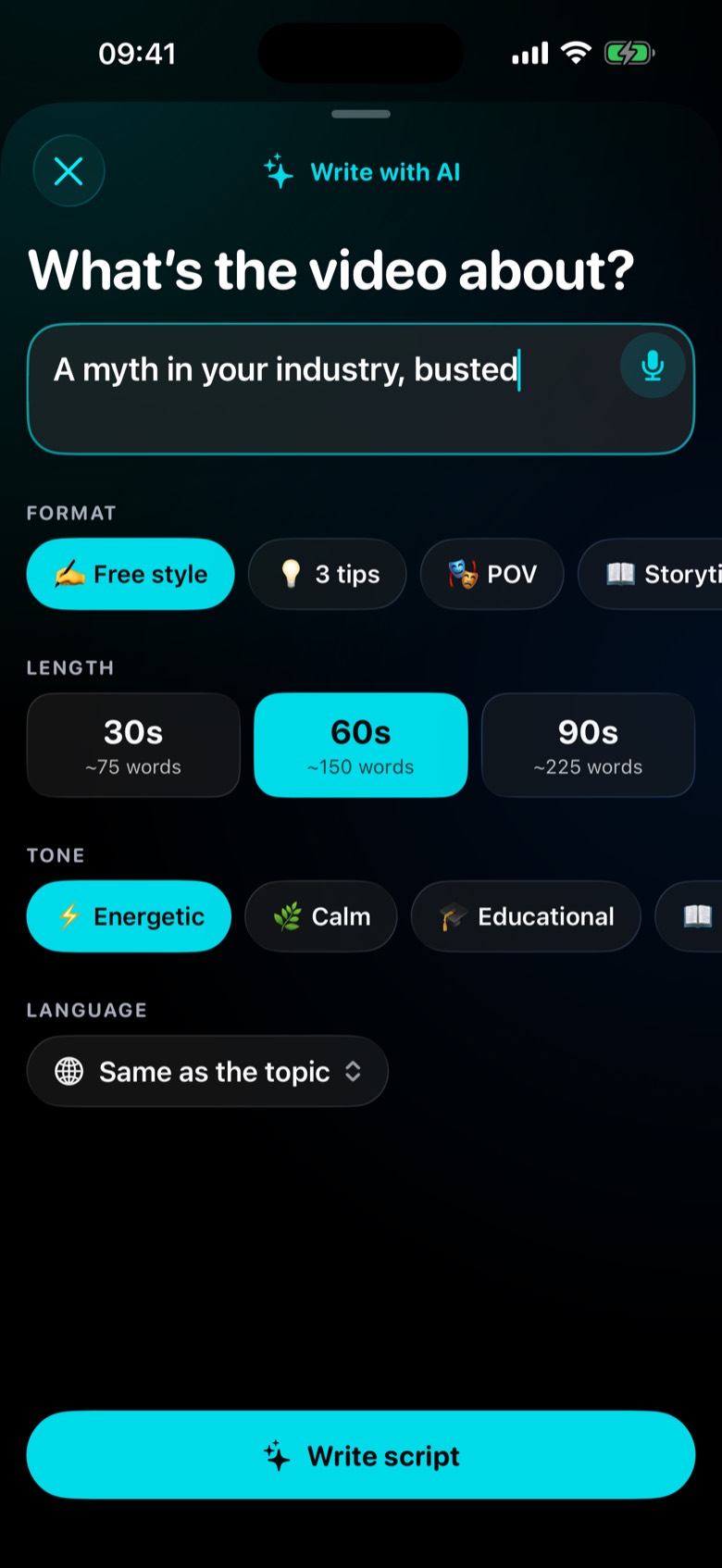 Write with AI sheet set to Free style, 60 seconds and an energetic tone